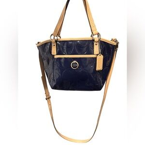 Coach blue/tan Signature‎ Embossed Patent Leather Peyton small Tote